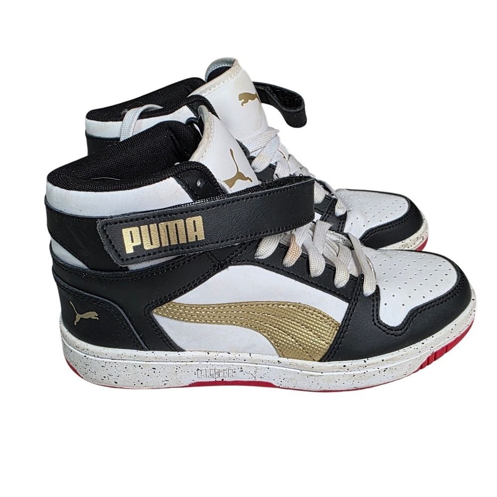 Puma Rebound LayUp SL‎ High Top Sneakers Black White Gold 384451-01 Kids 4.5C L2